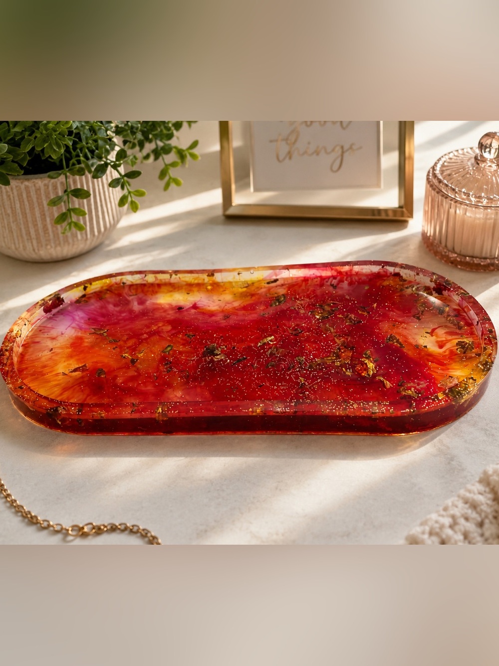 Handmade Red Resin Decorative Tray with Gold Flakes